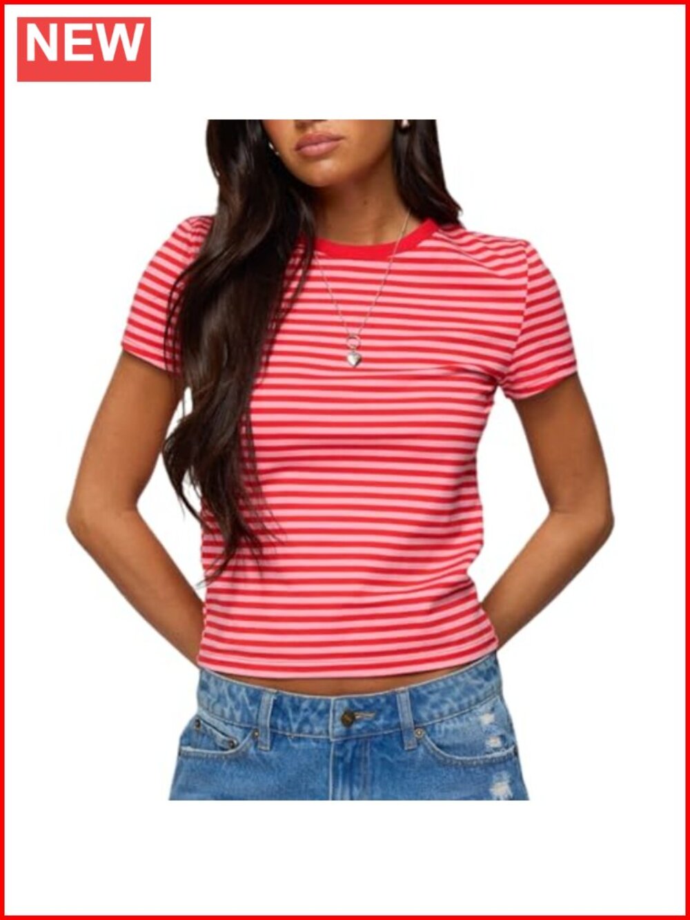 Women Striped Slim Fit Crewneck Short Sleeve T-Shirt Crop Top